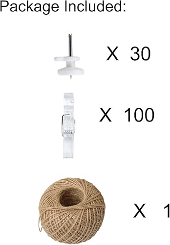 Miniatura 8 de 100 clips para fotos, mini pinzas para colgar en la pared, fotos Polaroid para niños, obras de arte con cuerda de 98 pies y mini ganchos de montaje