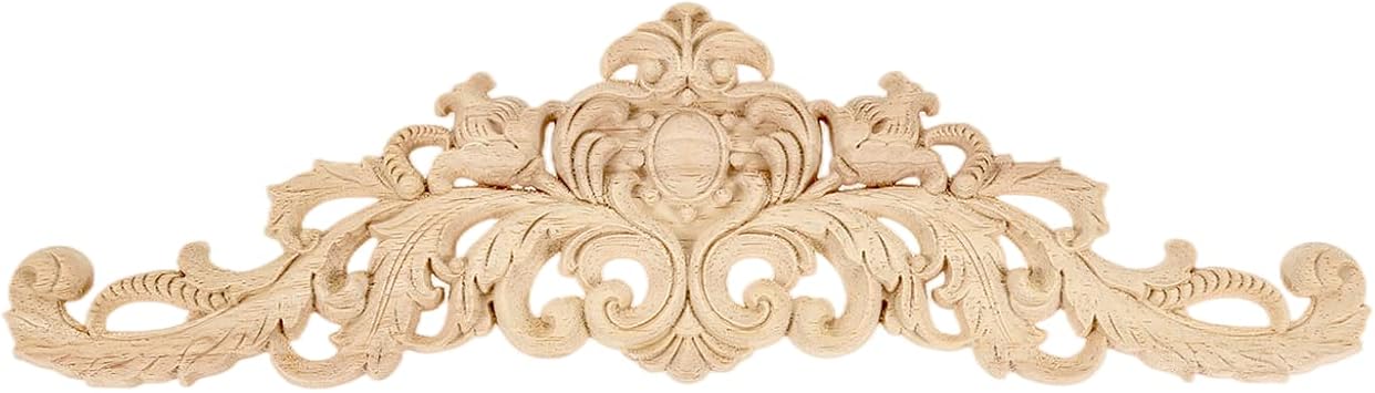 1Pc Long Wood Carved Appliques Onlays Unpainted Wooden Carving Decals | Wooden Applique for Wall Door Cabinet Mirror Closet Wardrobe Dresser Mantel DIY Furniture Decor, 30x8cm/11.81"x3.15"