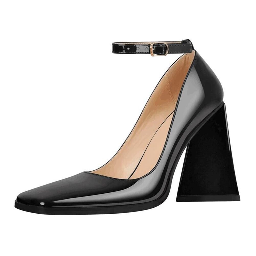 12CM Damen Chunky High Block Closed Toe Heels Knöchelriemen Square Toe Pumps