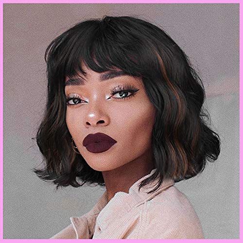 Sué Exquisite Short Wavy Wigs with Bangs Synthetic Bob Curly Hair for Women Black Mixed Brown Wig Natural Looking Highlights Wig Heat Resistant Fiber for Daily Costume Wig