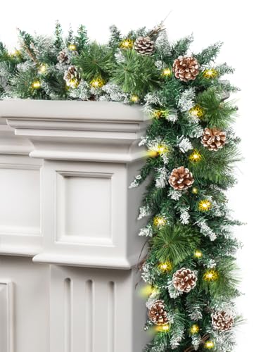 Winisok 9 Ft Prelit Christmas Garlands with 100 Lights Battery Operated Timer 8 Modes, 308 Pieces Faux Garland Christmas Decorations with Rich Leaves Pine Cone Outdoor Indoor Mantle Fireplace Decor