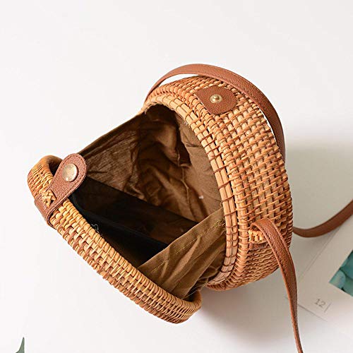Rattan Bag,Bali Straw Bag,Umiwe Handwoven Vietnamese Round Rattan Bag for Women,Boho Travel Shoulder Bag with Adjustable Leather Straps. (Bianhua)