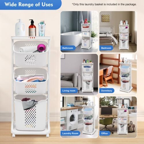 Laundry Basket Storage, 3-Layer Stackable Laundry Basket System PP Rolling Storage Cart, Multi-purpose Laundry Basket with Universal Wheel Vertical Laundry Sorter for Dirty Clothes Basket