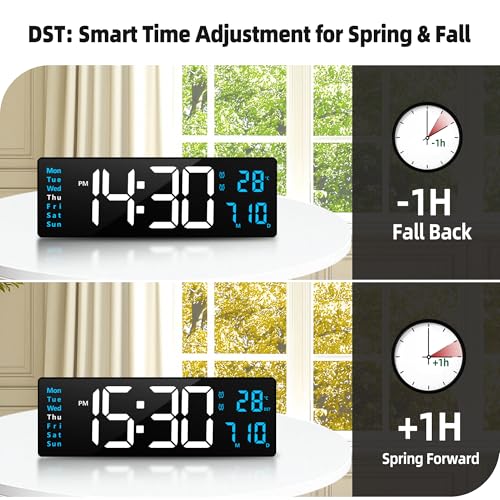 Image of Maxstar 16 inch Digital Wall Clock with Music,Large LED Display,Remote control,Dual Alarm,DST,Date,Week,Dimmer,Temperatur,Jumbo Number,Night Light for Living Room|Office|Kitchen|Farmhouse|Desk Decor(Blue)