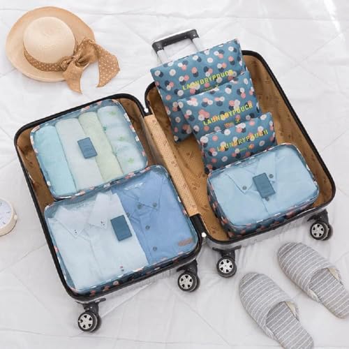 Image of Travel Organizer Pouch Set of 6, Space Saver Packing Cubes for Suitcase, Clothes, Underwear, Socks and Shoes (BLUE FLOWER)
