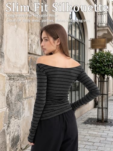 Image of Women Off Shoulder Striped Long Sleeve Top 2026 Fall Going Out Tee Shirts