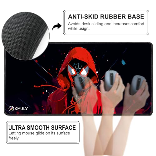 Image of Gaming Mouse Pad, Large Desk Mat 58.5 x 28 cm, Extended Washable Mousepad, Desk Pad, 2mm Thick Non-Slip Rubber Base, Stitched Edges, Smooth Surface (Multicolour) - Red Hoodie Spider Design