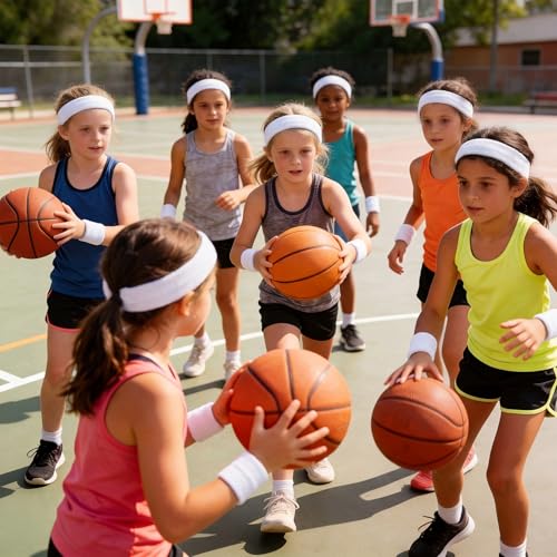 Image of Bememo 36 Pcs Neon Sweatbands Set for Kids 12 Headbands 24 Wristbands Bulk Sports Sweat Bands Athletic for Children Basketball Tennis Running Gym Student Gifts Glow Party