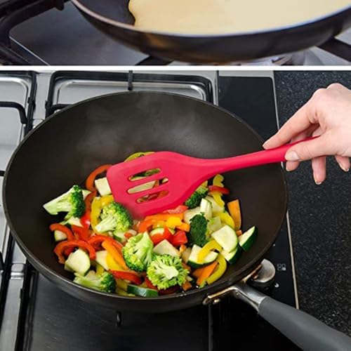 Image of DecorTwist Silicone Turner Spatula | Heat Resistant Kitchen Utensils for Cooking, Baking | BPA-Free, Food Grade Wooden Handle Nonstick Flipper for Fish, Eggs, Omelets (8X 0.2X 32cm,91g) Red