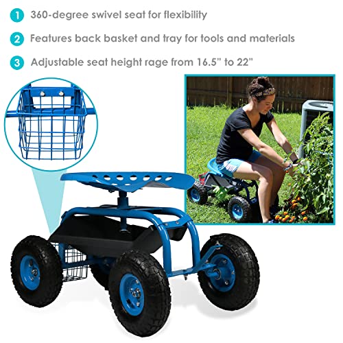 Sunnydaze Rolling Gardening Chair Cart With Wheels - Full Range 360 Swivel Seat With Adjustable Height - Utility Tool Tray And Storage Basket - Blue #TOP3