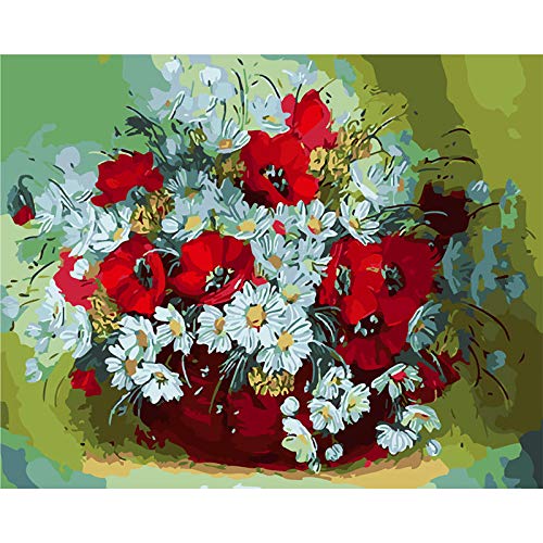 Peinture par numéros cadeau créatif fleur rouge et blanc avec cadre en bois