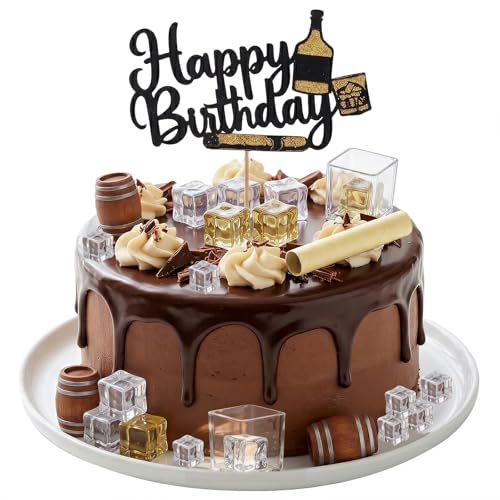 Glavatrix 27 Pcs Whiskey Birthday Cake Decorations for Men, Black Gold Whiskey Topper, Bourbon Theme Party Supplies with Ice Cubes Barrel Cups Cigar Acrylic for Husband Dad Retirement 30th 40th 50th