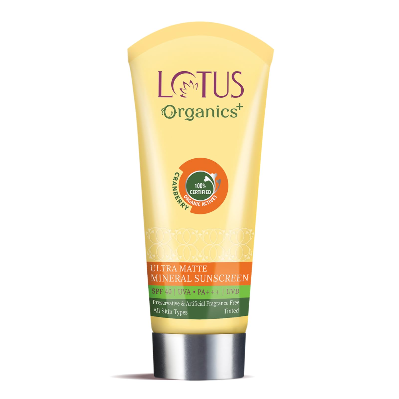 Lotus Organics+ Ultra Matte Mineral Sunscreen | SPF 40 PA+++ | 100% Certified Organic Cranberries | Water & Sweat Resistant | For Oily, Dry, Normal and Combination Skin| For Women and Men| 50G