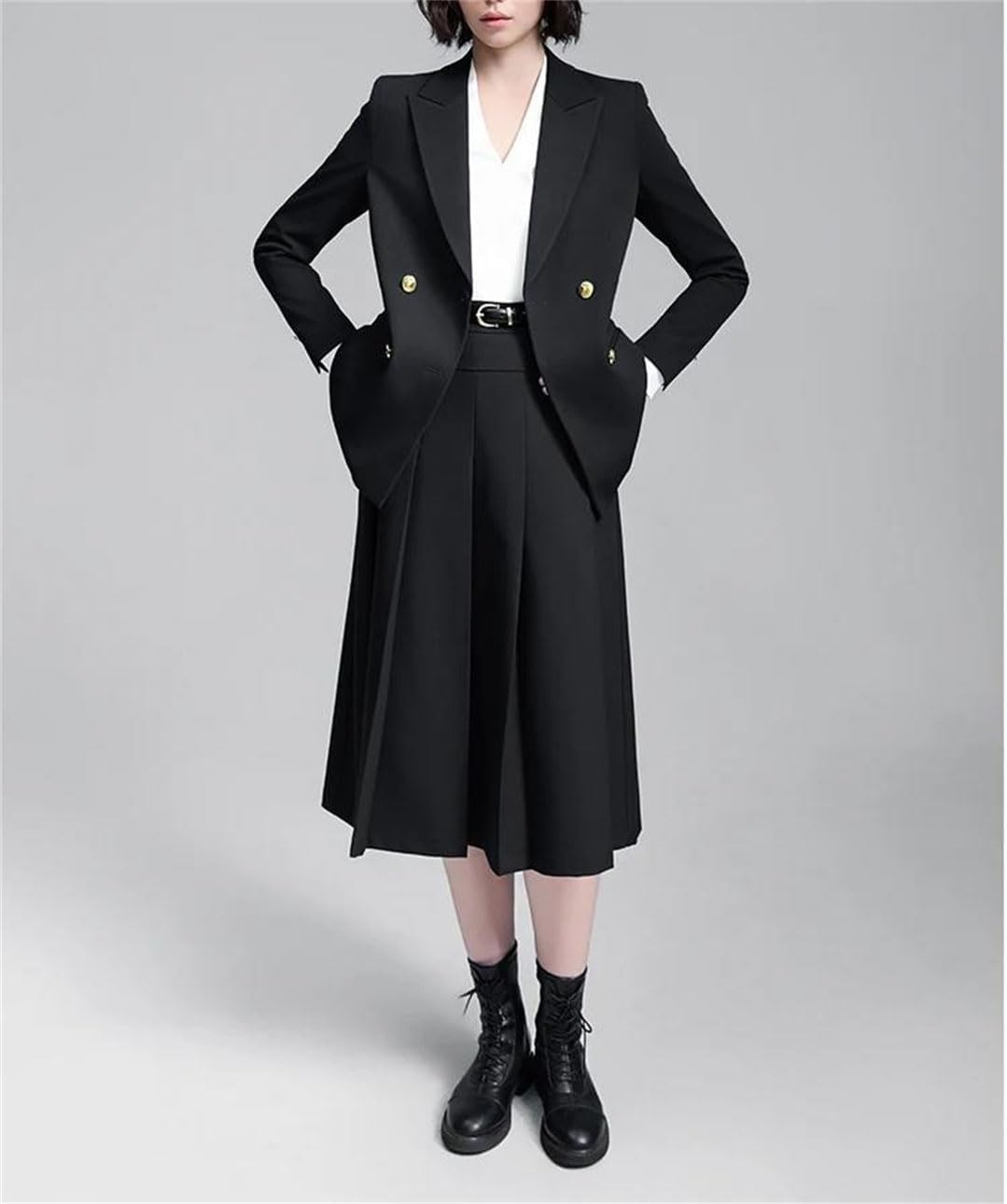 Women's Notched Collar Shirt Full Sleeve Double Breasted Coat Knee Length Sheath Skirt Two Piece Formal Office Workwear