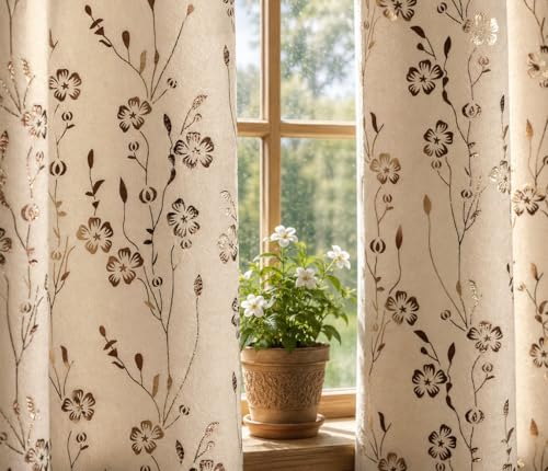 Image of Velvet Golden Foil Flower Pattern Curtains 9 Feet Long Pack of 1, Cream