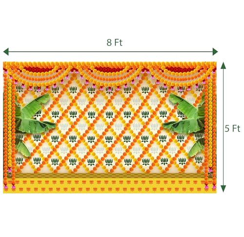 Image of Dhara Marigold Flower with Banana Tree Backdrop - 8ft x 5ft, Premium Polyester Fabric, Ideal for Pooja, Weddings, and Cultural Festivities .Washable Fabric