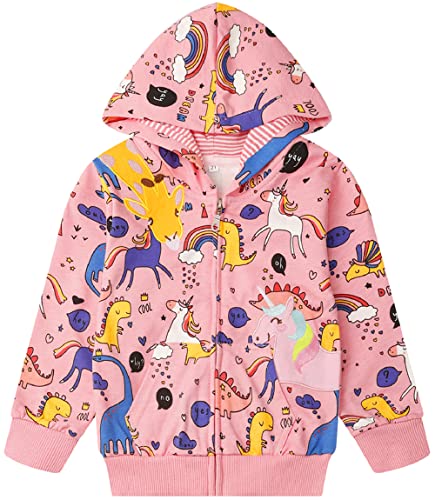 RETSUGO Girls Zip Up Hoodie Jacket Toddler Unicorn Rainbow Sweatshirt Kids Hooded Coat Casual Outerwear Size 2-7 Years, Unicorn Rainbow, 7 Years