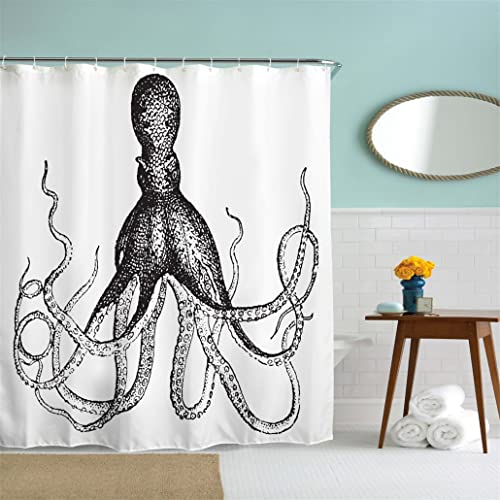 Goodbath Octopus Shower Curtain, Ocean Sea Kraken Waterproof Bathroom Bath Curtain, Standard Size 72 X 72 Inch, Black White #TOP1
