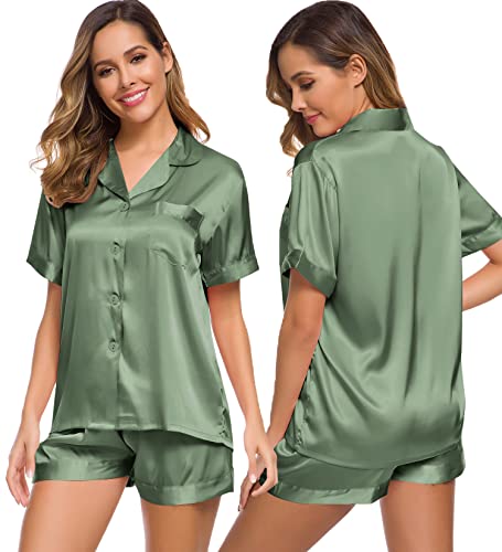 Image of SWOMOG Womens Silk Satin Pajamas Set Short Sleeve Sleepwear Button Down Top and Shorts Loungewear 2 Piece Pjs Set XS-3XL