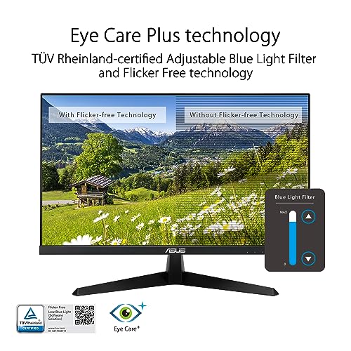 Image of ASUS 22 inch (21.45 inch viewable) 1080P Eye Care Monitor (VY229HE) - Full HD, IPS, 75Hz, IPS, 1ms, Adaptive-Sync, Eye Care Plus Technology, Color Augmentation, Rest Reminder, HDMI, VGA, VESA Wall Mountable