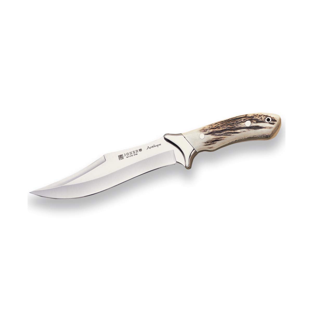 Joker Cuchillo de Cazador Antílope CC01, Enterizo, con cachas asta de Ciervo y Hoja Curva de 19,5 cm, virola INOX, Herramienta de Pesca, Caza, Camping y Senderismo