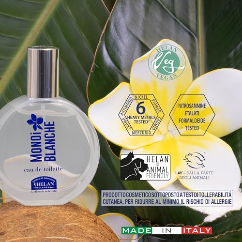 Helan Monoi Blanche perfumy damskie Woda toaletowa, zapach słoneczny, kwitnący i egzotyczny z kokosem, Monoi, Ylang Ylang, Tuberoza, biały bursztyn i wanilia, perfumy, 50 ml, wyprodukowane we Włoszech