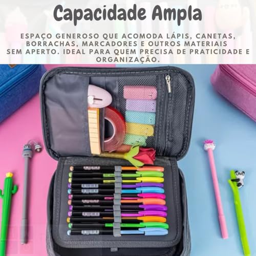 Estojo Escolar Box, Grande, com 3 Divisórias Destacáveis e 72 Elásticos, Feminino, Masculino, Zíper