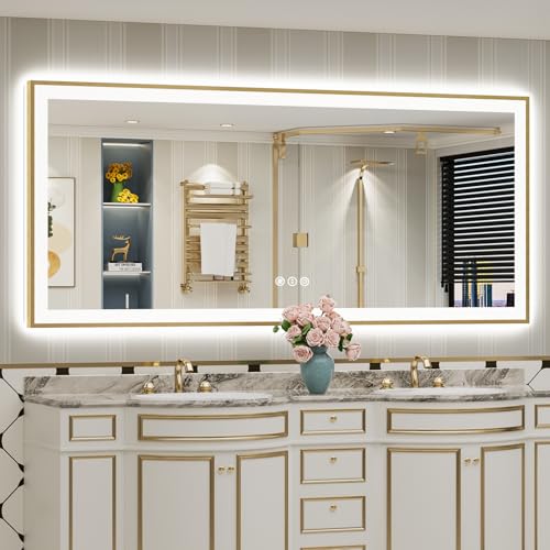Image of 77x36 Gold LED Bathroom Mirror with Lights, Brushed Gold Framed Backlit and Front Lit Anti-Fog Lighted Vanity Mirrors for Bathroom Wall, Dimmable, 3 Colors, Memory, HD Tempered Glass, CRI 95