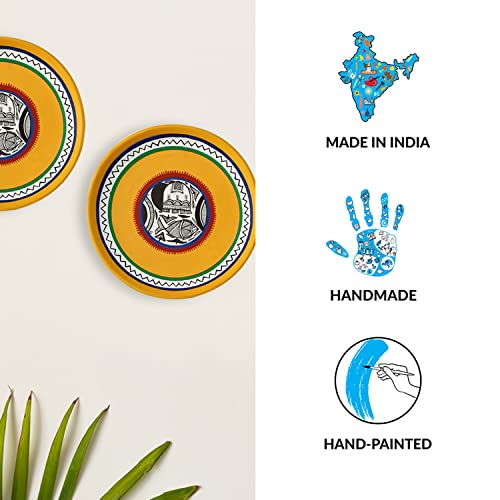 Image of ExclusiveLane 'The Warli Tales' Terracotta Wall Plates for Home Decoration (8 inch, Set of 2, Yellow) | Terracotta Plates for Wall Decor Plates Sets Decorative Wall Hanging Plates for Living Room
