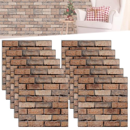 SPORWAY Papel 3D Rojo Ladrillo Pared Autoadhesivo: 10Piezas Impermeable PVC Panel Decorativo Pared, Paneles Imitacion Ladrillo Exterior Paneles, Revestimiento de Paredespara Salón, Dormitorio, Fondo