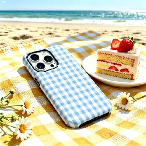 Image of for iPhone 13 /14 Case Cute Phone Case,Compatible with MagSafe,Dual Layer Shockproof Protective Phone Cover,Hard Shell + Silicone Cover,Fashion Design for Women Girls,Blue and White Plaid