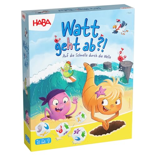 HABA Watt geht ab?! – Lustiges 3D-Strand-Würfelspiel & Familienspiel ab 6 Jahren – Für 2–4 Spieler mit Wellen-Action, Taktik & Tempo – 2012221001