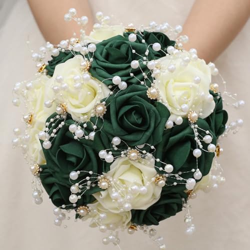 Ramo de novia artificial elegante con rosas eternas blancas y verdes 3
