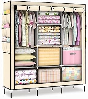 Portable Closet Canvas Wardrobe 175x130x45cm Bedroom Furniture Cupboard Foldable Clothes Storage Organiser with 2 Hanging Rail and 18-Sides Pockets Fabric Wardrobes for Bedroom Clothing Wardrobe