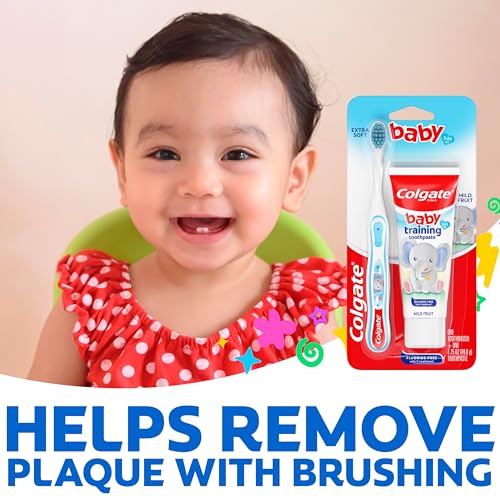 Image of Colgate Baby Toothbrush and Baby Training Toothpaste, First Toothbrush for Ages 3-24 Months with Extra Soft Bristles, Mild Bubblefruit Flavor, Fluoride Free and Sugar Free Formula, Safe if Swallowed