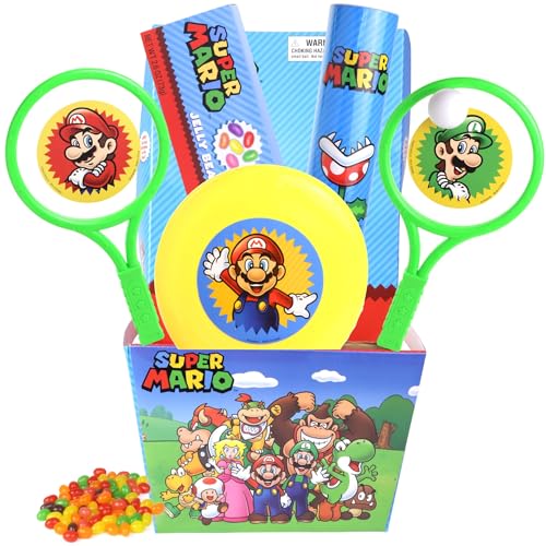 Super Mario Easter Basket Pre-Filled Gift Set with Jelly Beans Candy Frisbee Paddle Ball Game and Coin Bank 5 Items