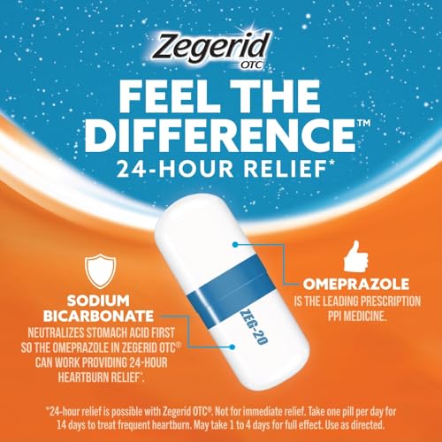 Image of Zegerid OTC 24-Hour Heartburn Relief, The Only Proton Pump Inhibitor with Omeprazole 20mg + Sodium Bicarbonate, Treats Frequent Heartburn, 14ct Capsules