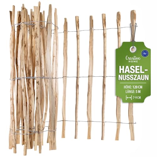 Creative Home Staketenzaun 120cm hoch und 5m lang | Haselnusszaun | Rollzaun | Lattenabstand 7-9 cm | Gartenzaun Holz Holzzaun | Zaun Garten Ideal als Rasenkante Blumenbeet Umrandung aus Haselnuss