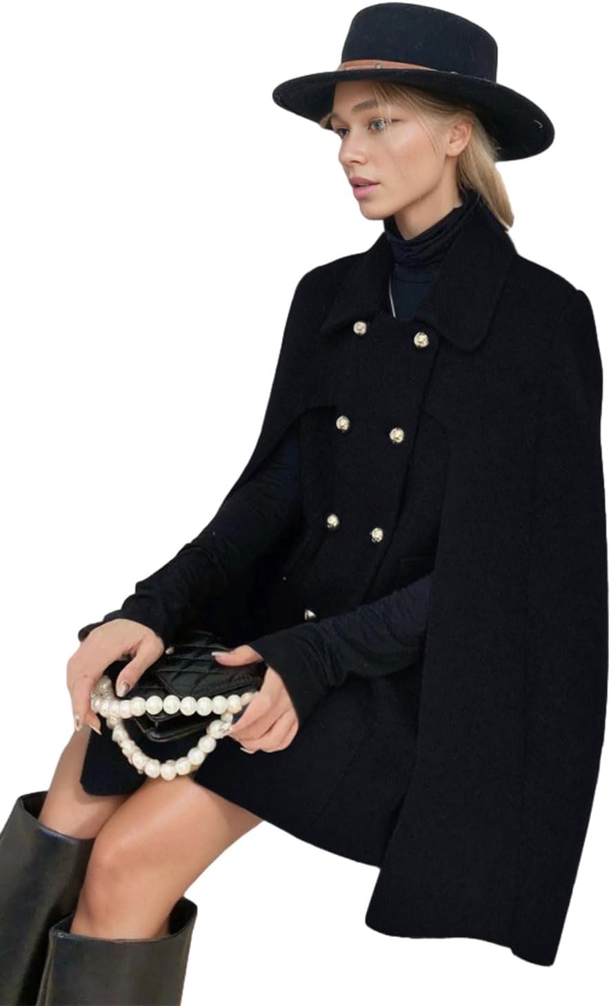 CHARTOU Women's Elegant Poncho Double-Breast Slit Sleeve Flowy Wool Blend Cape Cloak Coat - Image 3