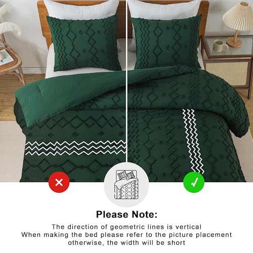 Image of Andency King Size Comforter Set, 3 Pieces Dark Emerald Green Boho Tufted Geometric Shabby Chic Bedding, Soft Fluffy Farmhouse Bed Set, Jacquard Textured Comforter for All Season (104x90 Inch)