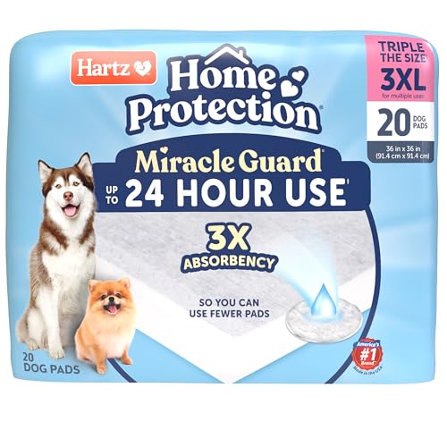 Image of Hartz Miracle Guard Dog and Puppy Dog Pads Max Absorbency 24 Hour Use Odor Eliminating No Leaks, 3XL Size 20 Count