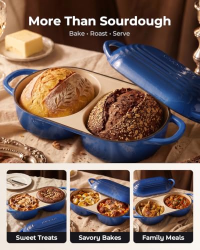 Image of Mini Double Dutch Oven for Sourdough, Enameled Cast Iron Bread Pan, Blue
