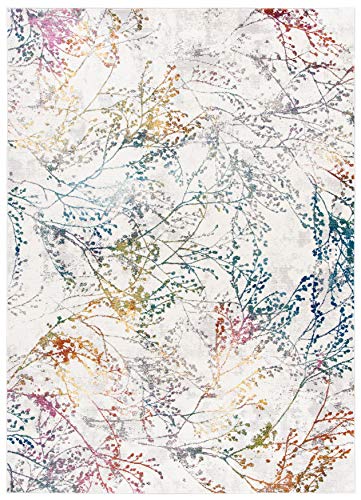 SAFAVIEH Aria Collection Area Rug - 8' x 10', Ivory & Blue, Boho Floral Branches Distressed Design, Non-Shedding & Easy Care, Ideal for High Traffic Areas in Living Room, Bedroom (ARA132A)