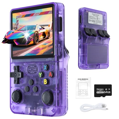 Unokit R36S Handheld Retro Game Console, 3.5 Inch IPS Screen with Open Source Linux System, 64G TF Card 10,000+ Retro Classic Games, 3200mAh Battery, handheld games consoles, Purple