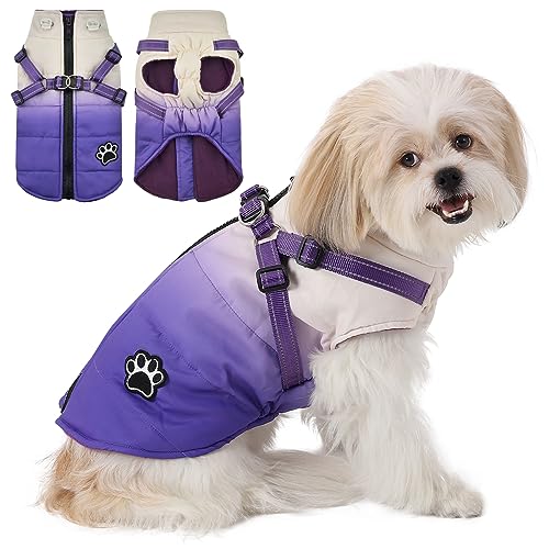 Gyuzh-Dog-Harness-Coat-Winter-Dog-Coat-Jacket-Vest-Clothes-Color-Changing-Dog-Coat-Dog-Jackets-Waterproof-Dog-Coats-with-Reflective-Harness-for-Small-Medium-Large-Dogs-Small-Purple