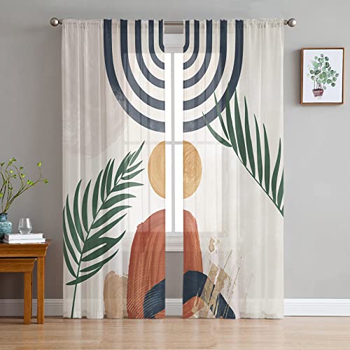 Bohemian Semi Sheer Curtains 63 Inch Length For Living Room,Rod Pocket Light Filtering Sheer Curtains, Abstract Geometric Mid Century Modern Window Treatments Drapes For Bedroom Kitchen Decor,2 Panels #TOP28
