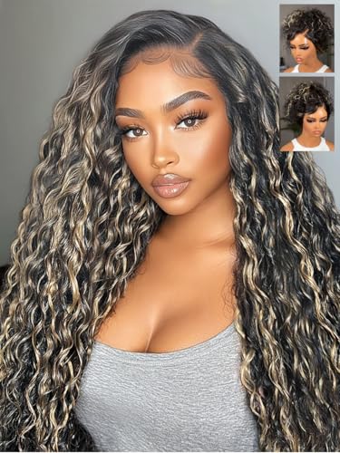 Image of Sunber Black With Light Blonde Highlights Water Wave Glueless Drawstring Wig Glueless Pre Everything 13x4 Lace Frontal Bye Bye Knots Pre Cut Lace Pre Plucked Pre Bleached Knots 150% Density 22Inch