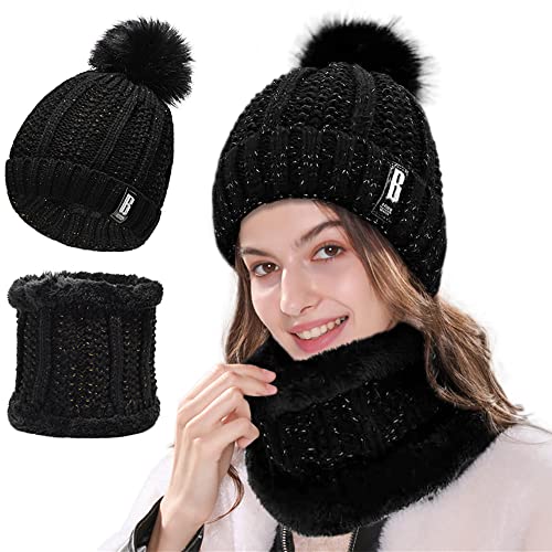 TOLOYE Winter Damen Mütze Schal Set, Gestrickte Pom Pom Dicke Beanie Mütze Fleece Gefütterte Warme Mütze Schal Set Geschenke für Frauen Täglich Ski Outdoor Sport Winter Geschenk Cover