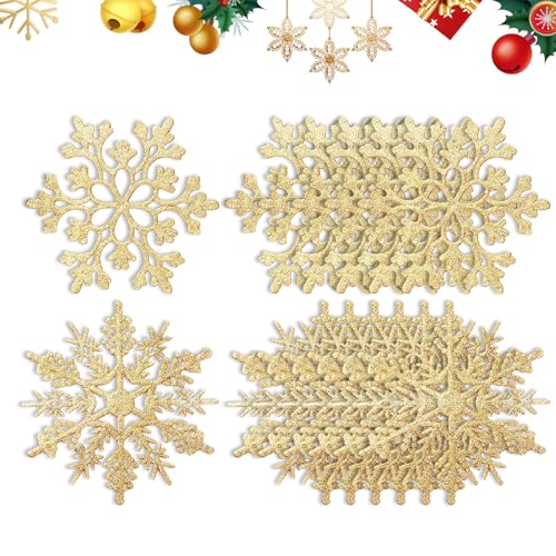 Scinzene 24 Stueck Schneeflocken Christbaumschmuck Gold 10 cm...