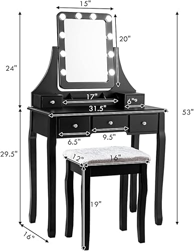 Miniatura 7 de COSTWAY Juego de escritorio de tocador con espejo iluminado, escritorio giratorio de 360 con 10 bombillas LED, tocador de maquillaje con 5 cajones,